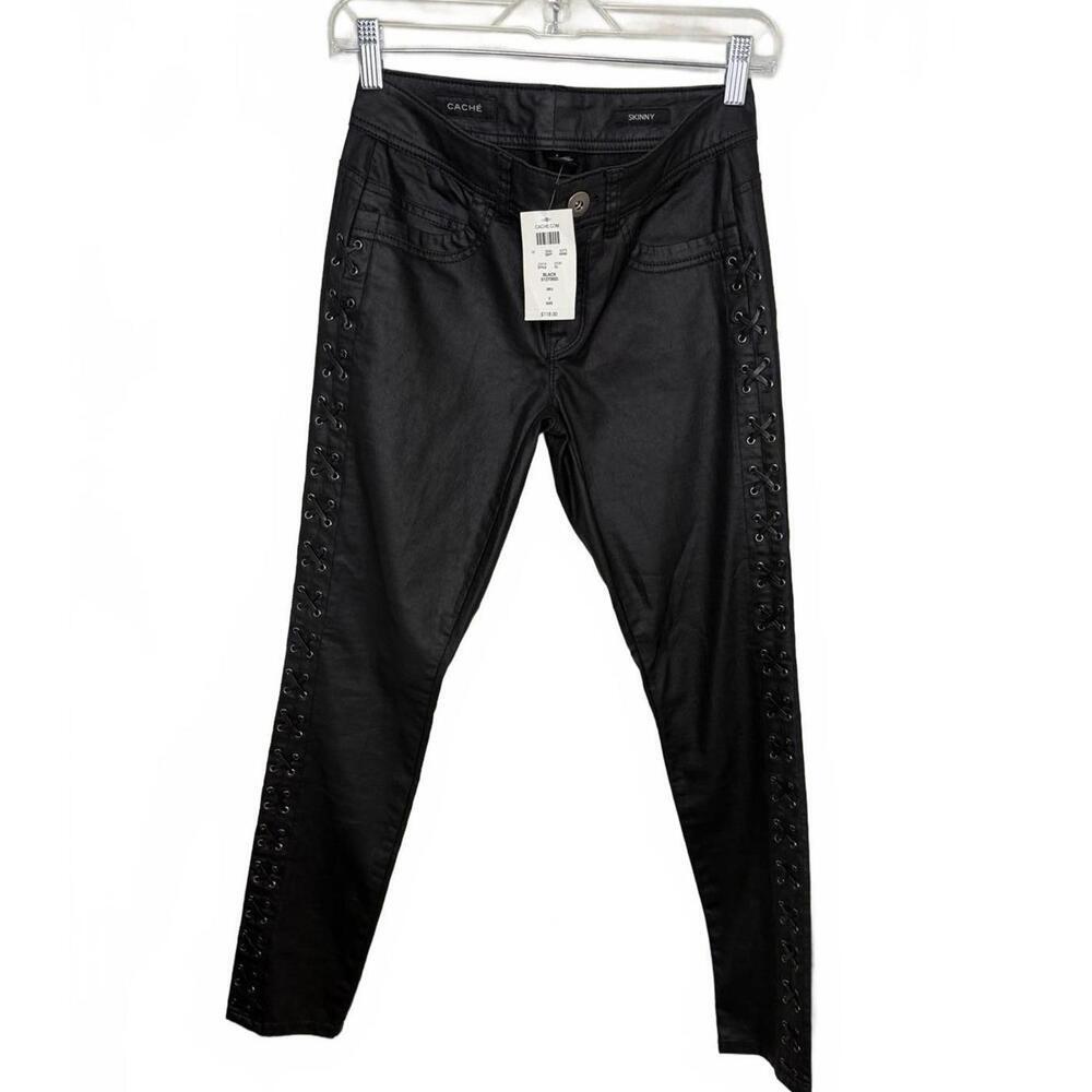 Cache Skinny Jeans Size 2 Black Coated Lace Up Low Rise Denim Pants Witchcore